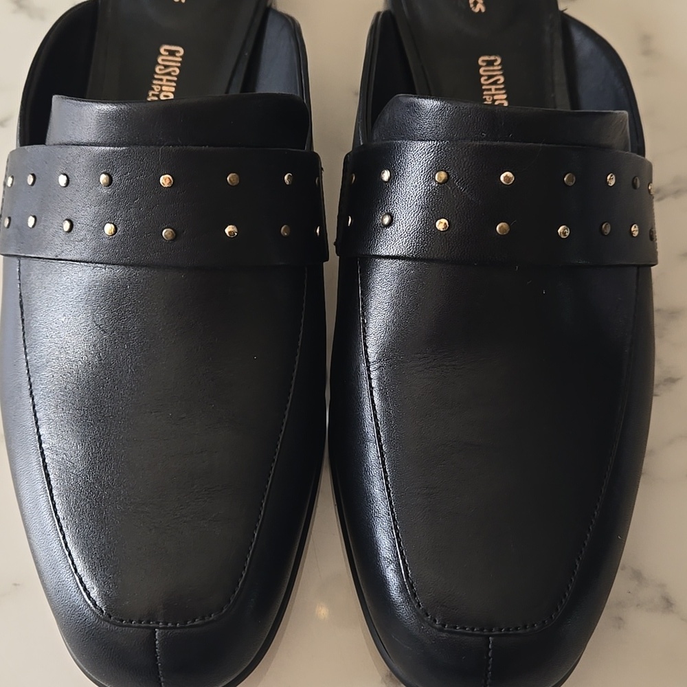 Clarks Pure Mule Black Leather Gold Studded Slip On Flats Cushion Soles Business - Picture 4 of 7